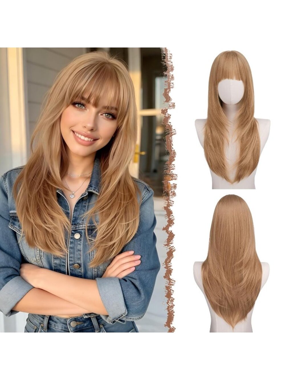 24 Inch Women's Ginger Synthetic Long Straight Sleek Layered Wig with Bangs